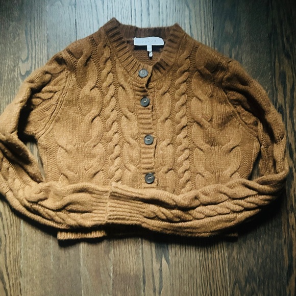 Frame Denim Cable Knit Button-Front Cardigan in Camel Brown - Picture 5 of 6